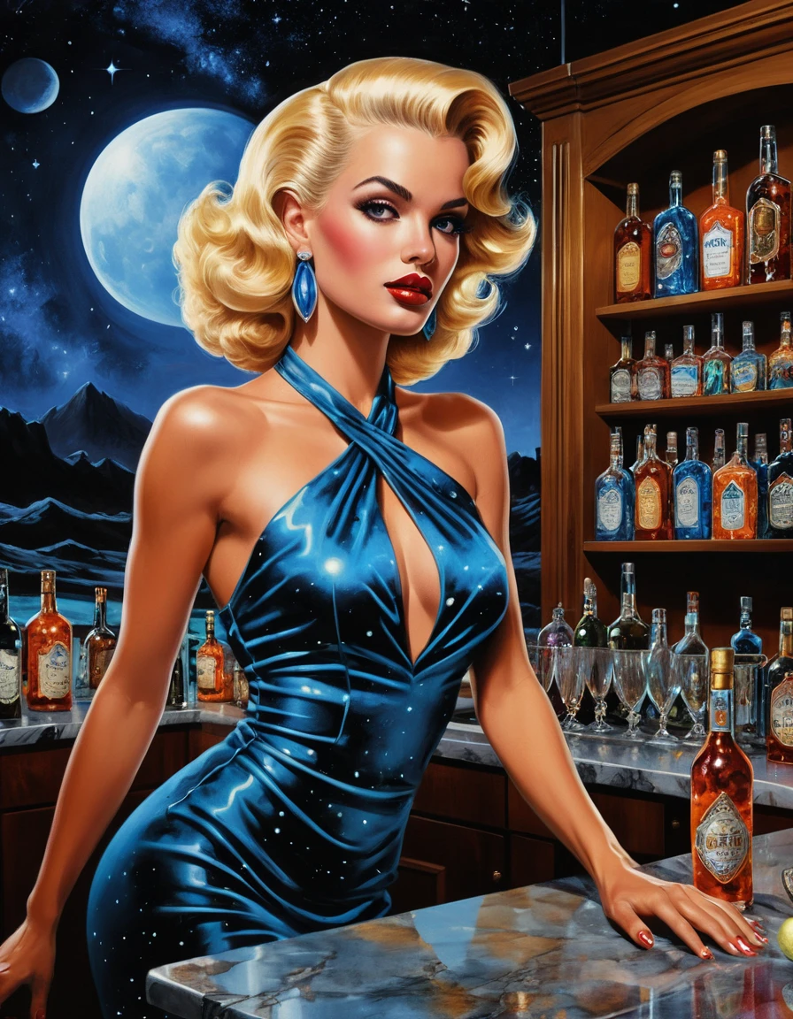Fantasy woman in a cosmic themed luxury stone and wood bar