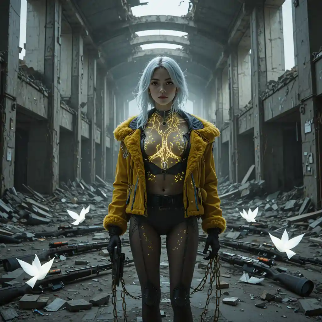 Cyberpunk commander in ruined underground transit terminal