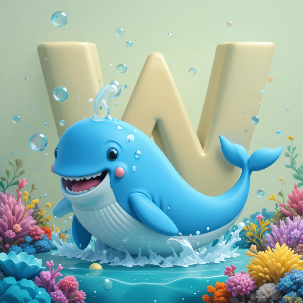 Smiling blue whale with giant letter W in ocean scene