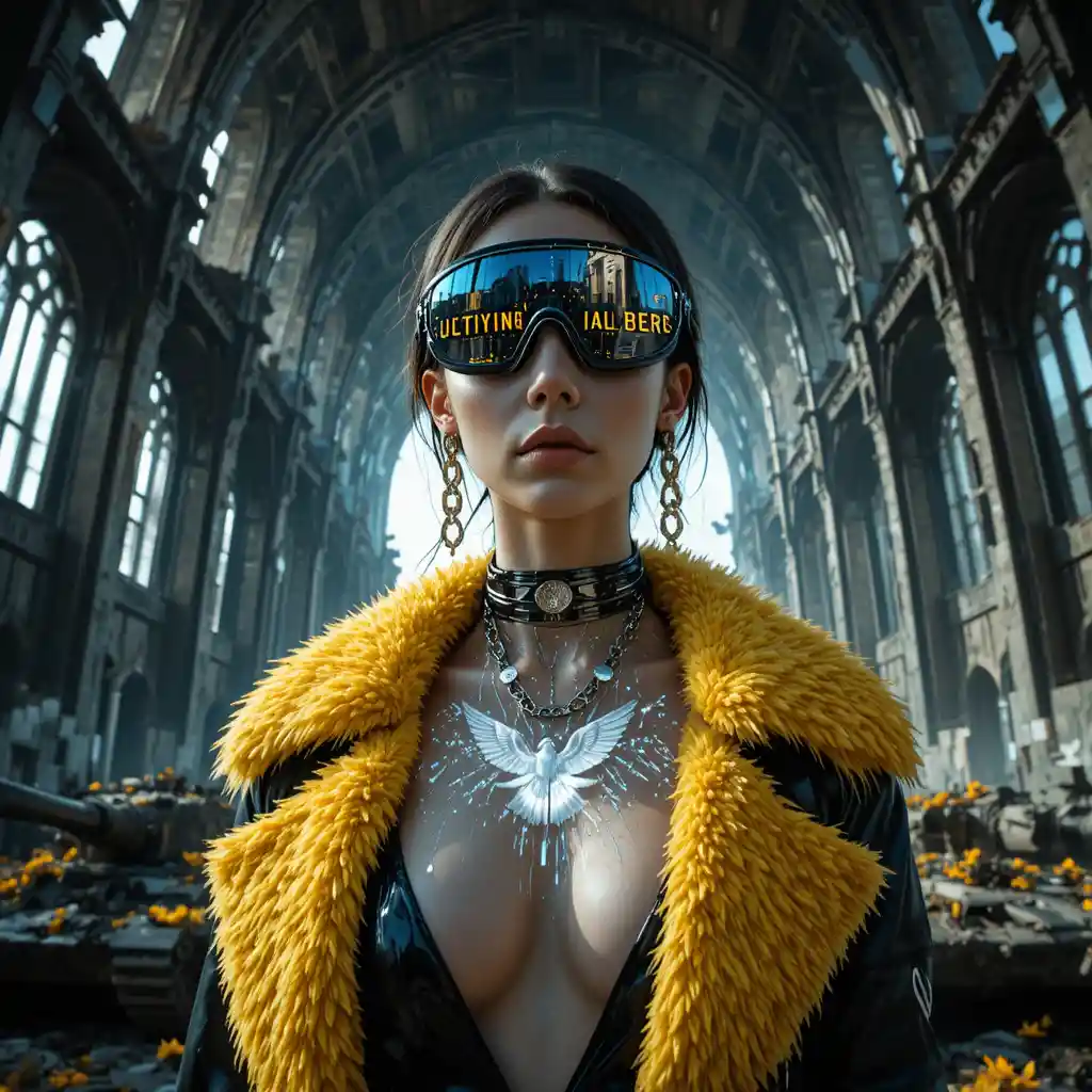 Fearless cyberpunk woman beneath shattered military cathedral