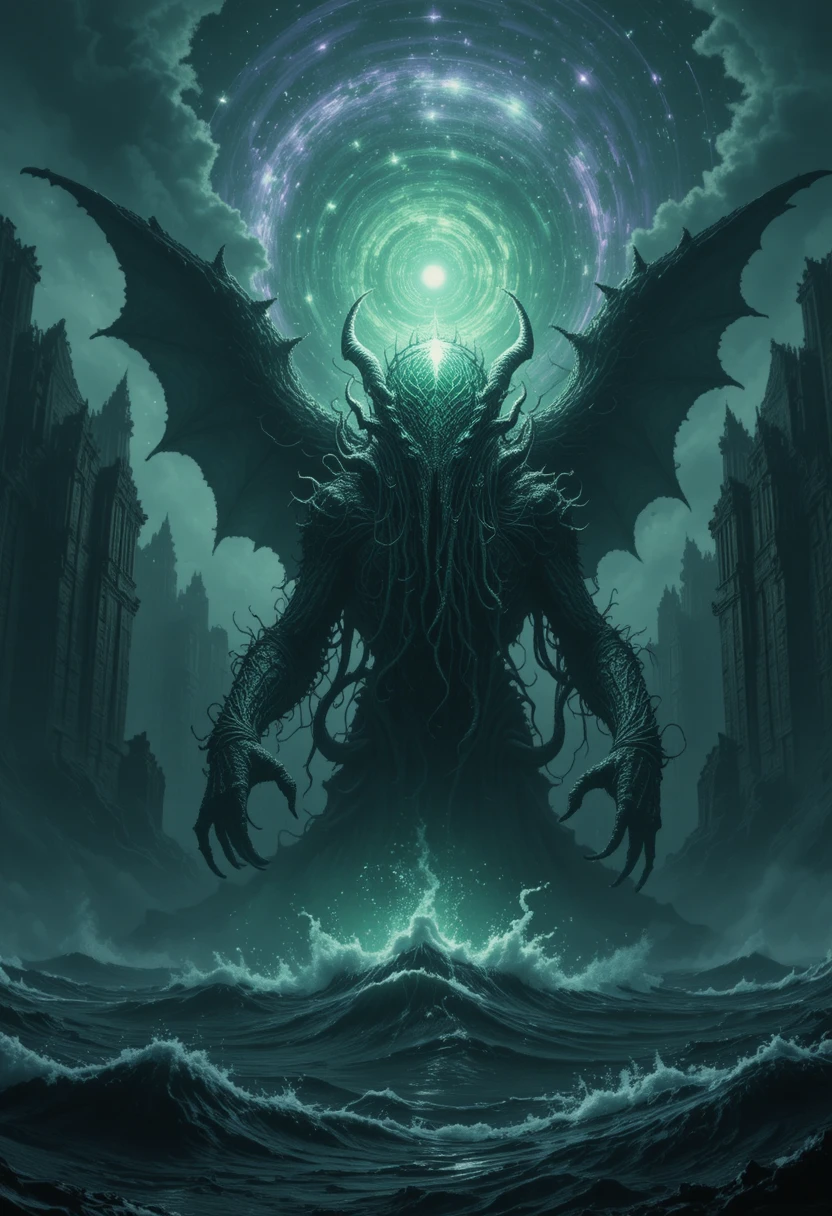 Ancient eldritch deity rising from a stormy black ocean