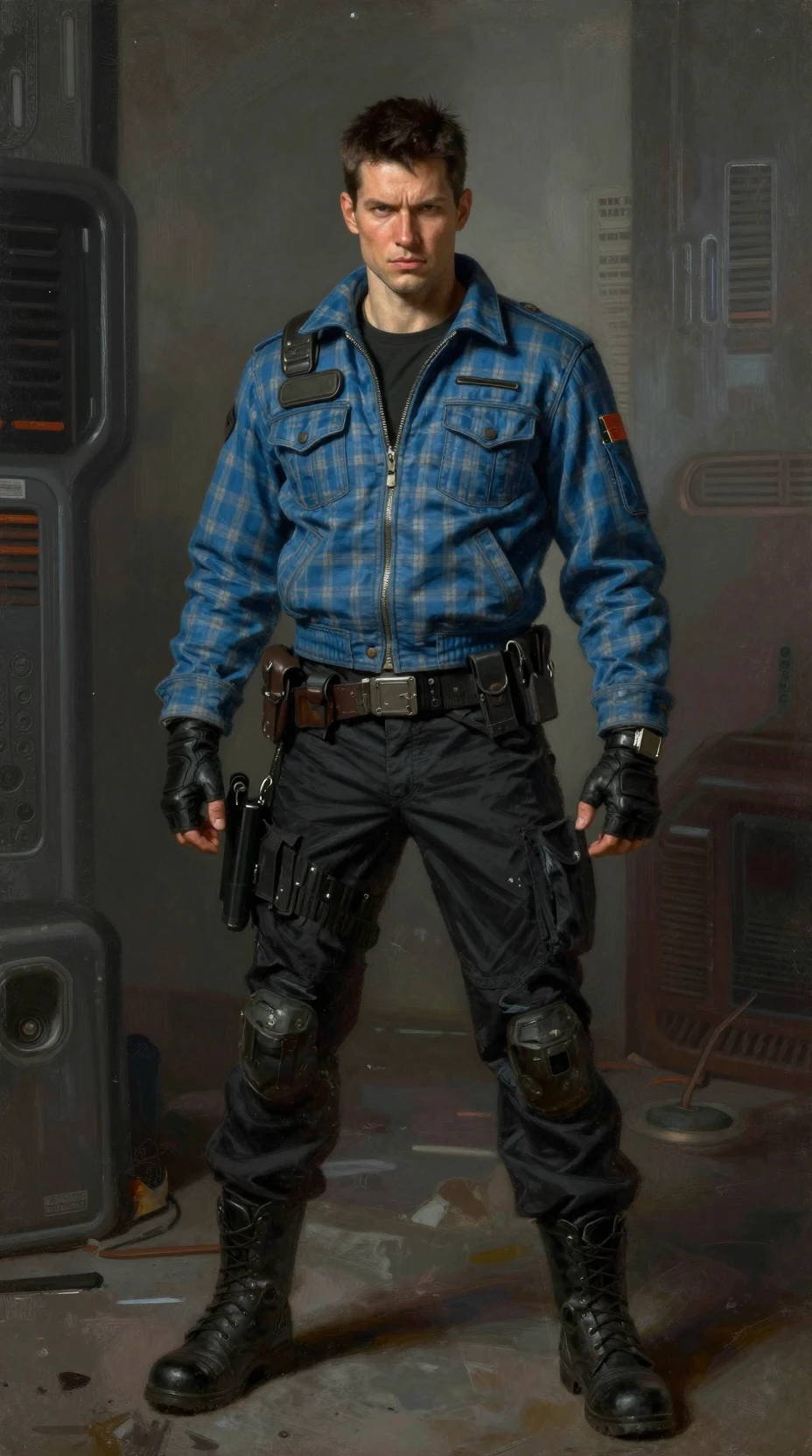 Battle hardened sci fi pilot in blue jacket in city