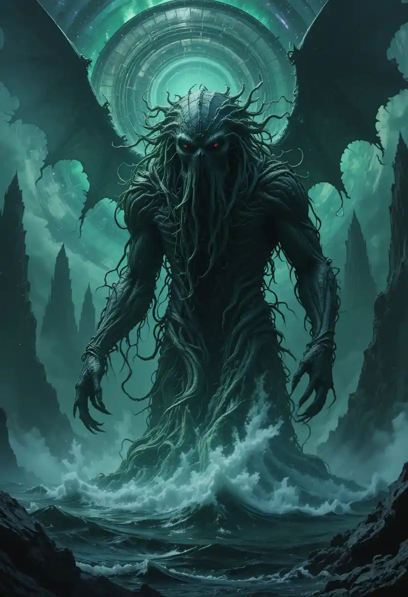 Colossal eldritch deity rising from a stormy black ocean