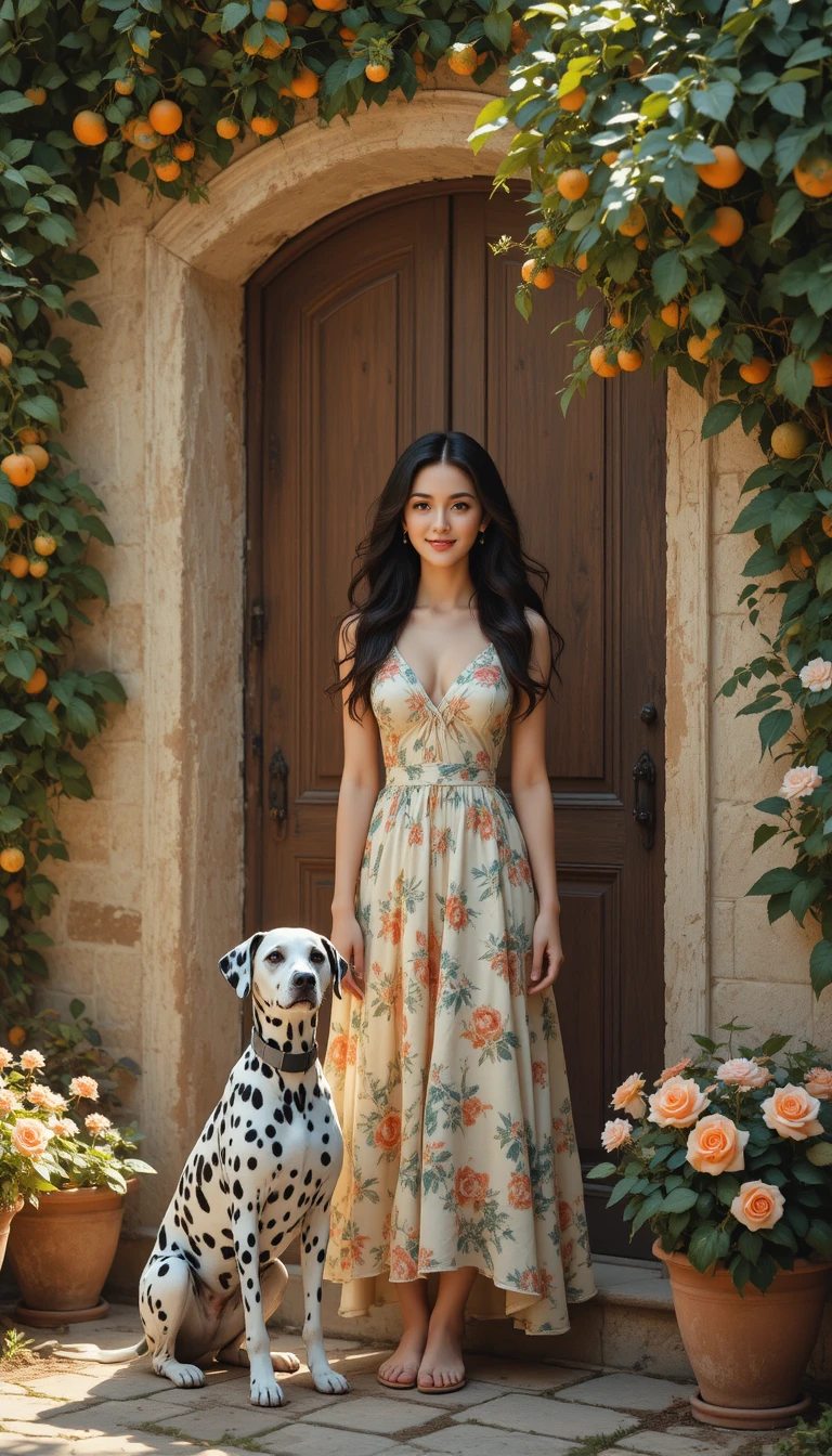Young woman in floral dress at rustic Mediterranean doorway