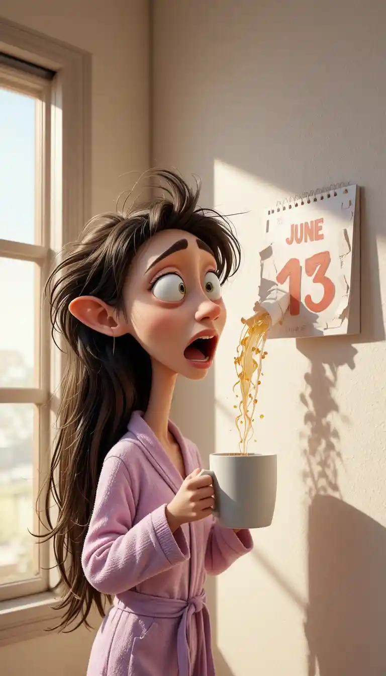 Panicked cartoon woman in bathrobe spilling morning coffee