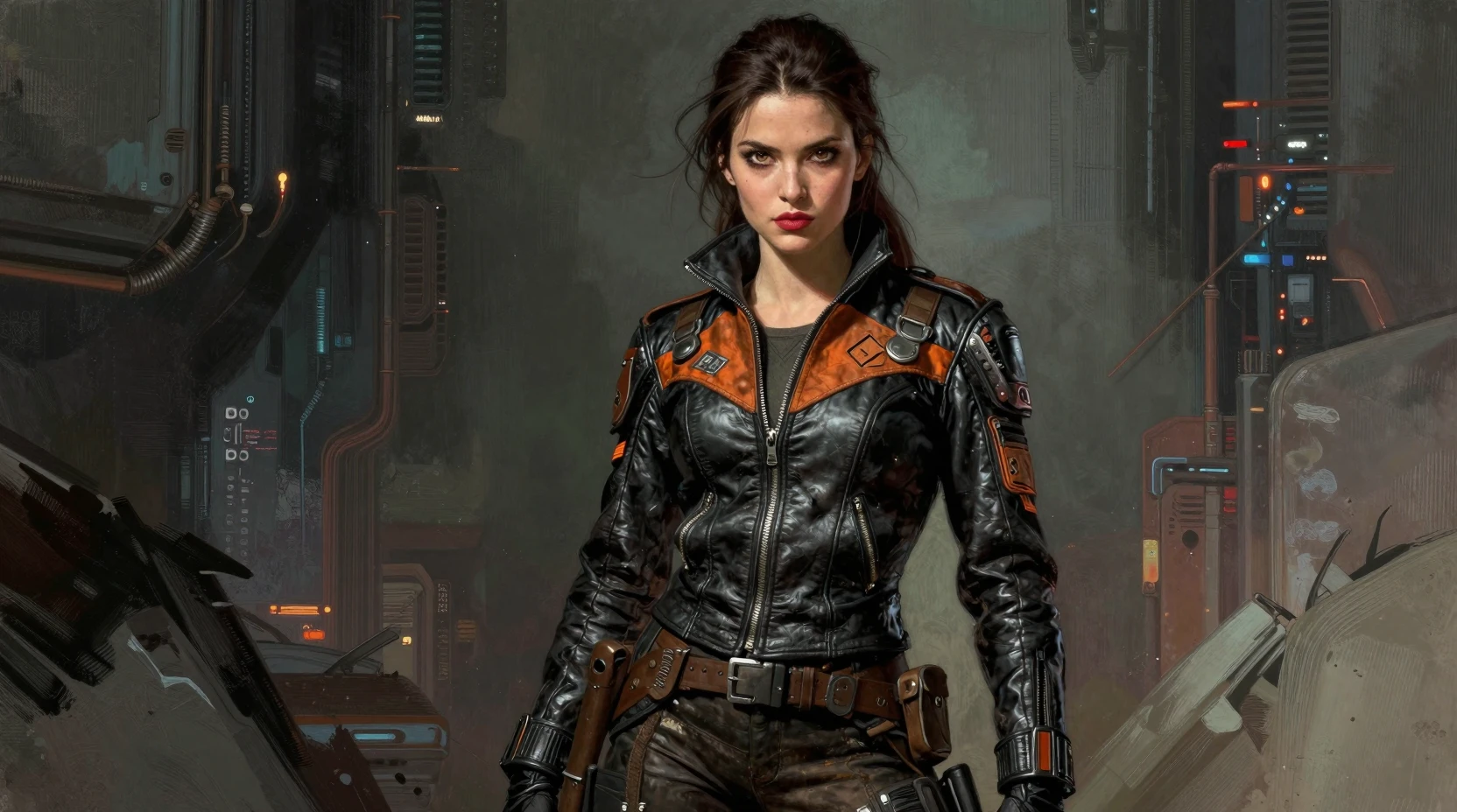 Young space warrior woman in a gritty futuristic city