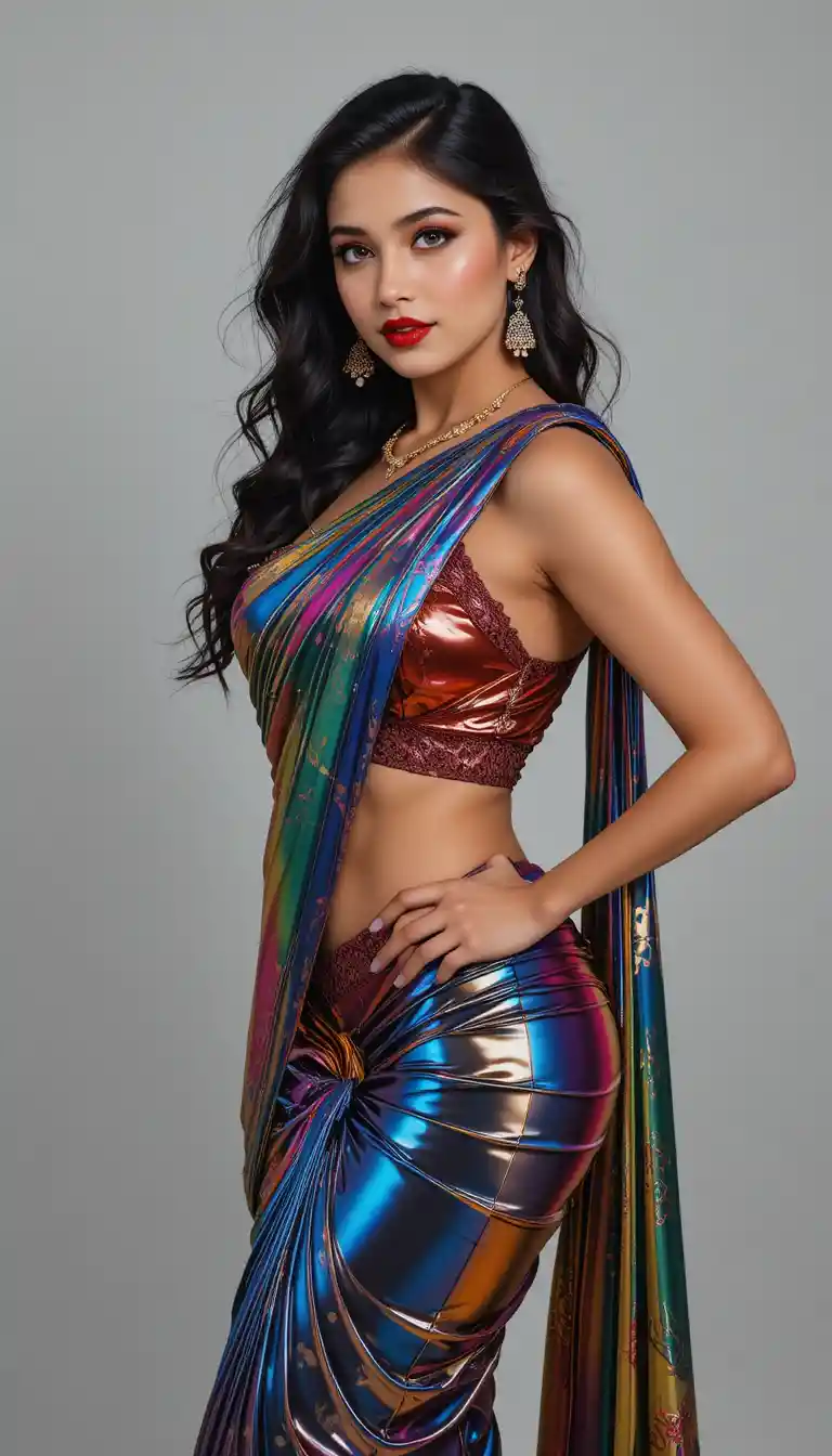 Chubby woman in glossy saree bending in full body pose