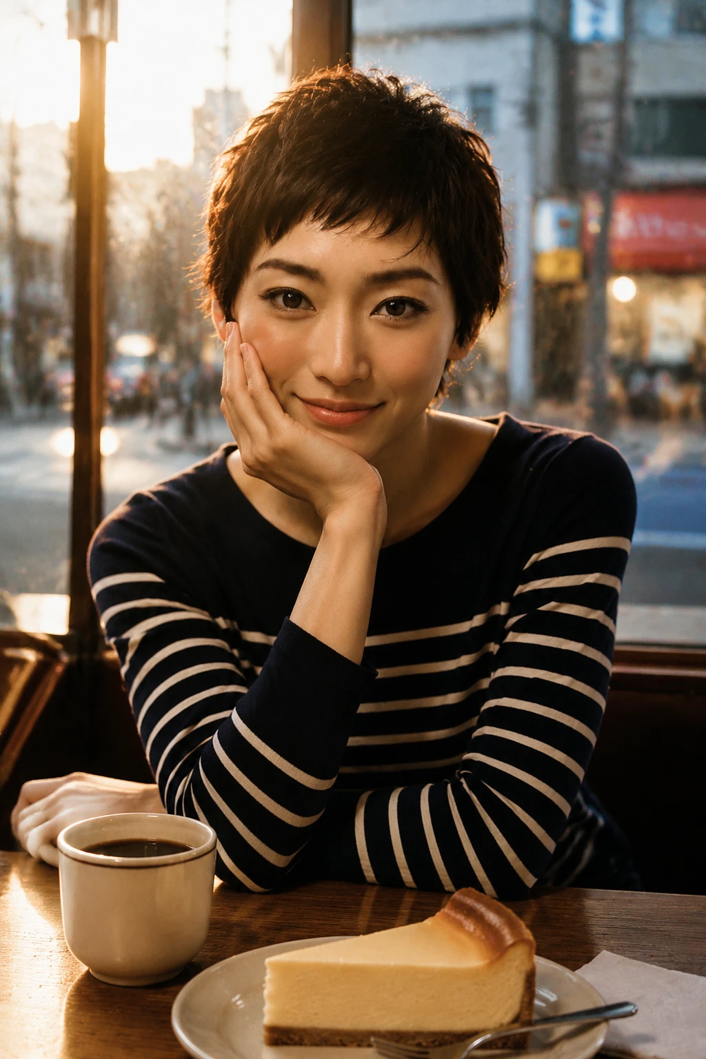 Shy Japanese girl in a cafe at golden hour