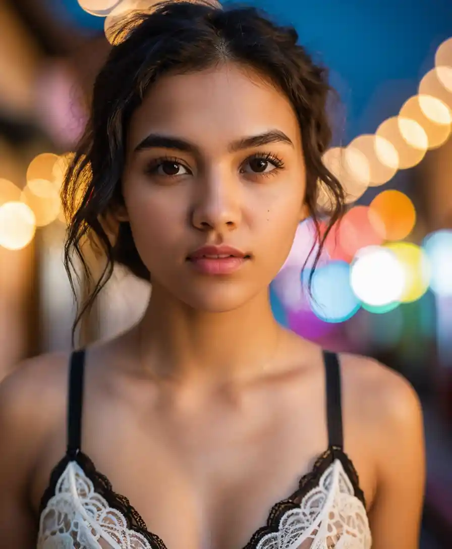 Close up portrait of a young woman in lace bralette