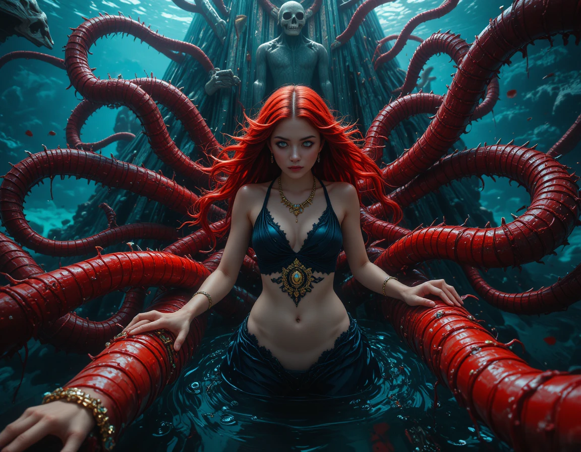 Donna dai capelli rossi con tentacoli di polpo e teschi