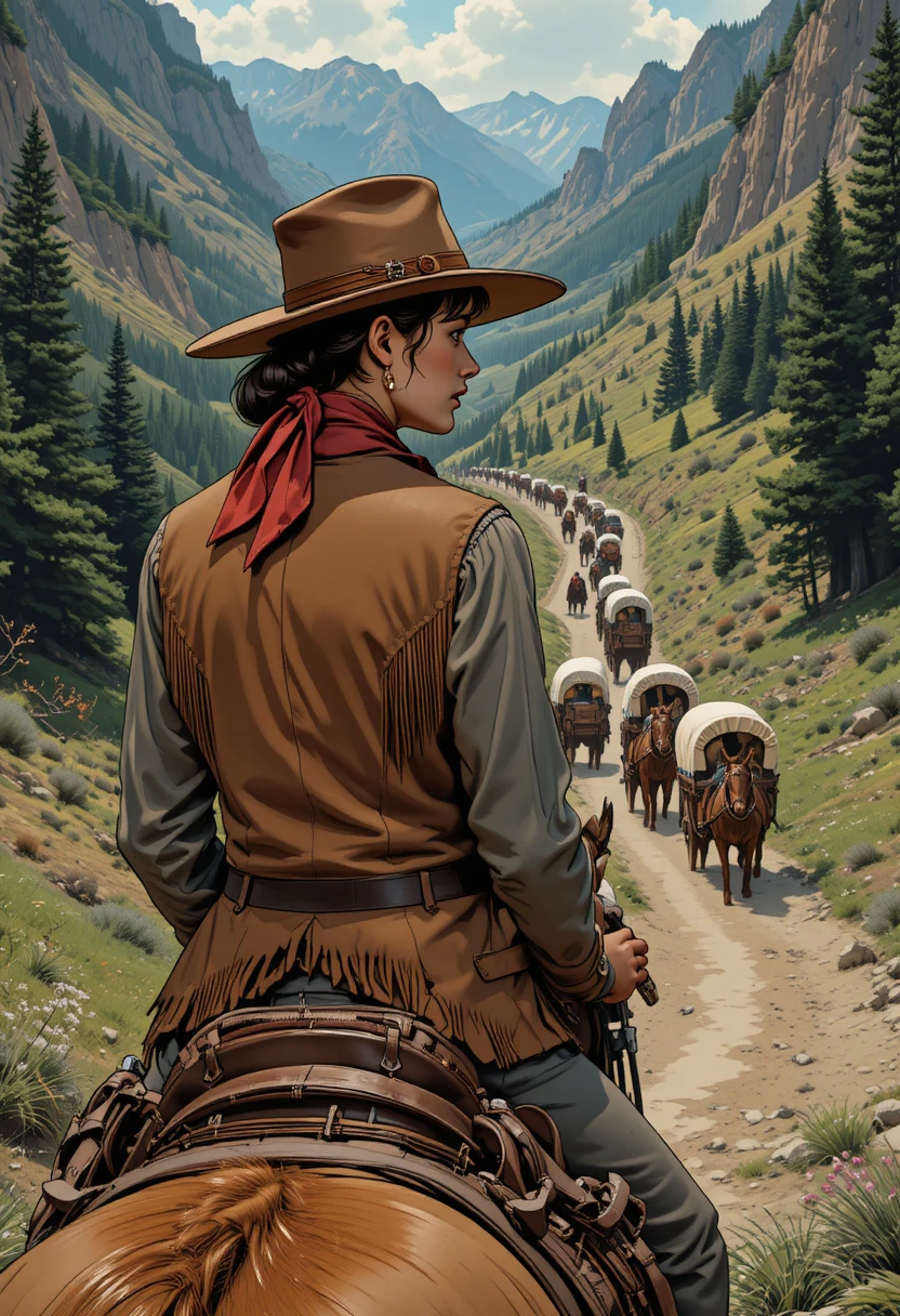 Cowgirl on horseback overlooking covered wagons in valley