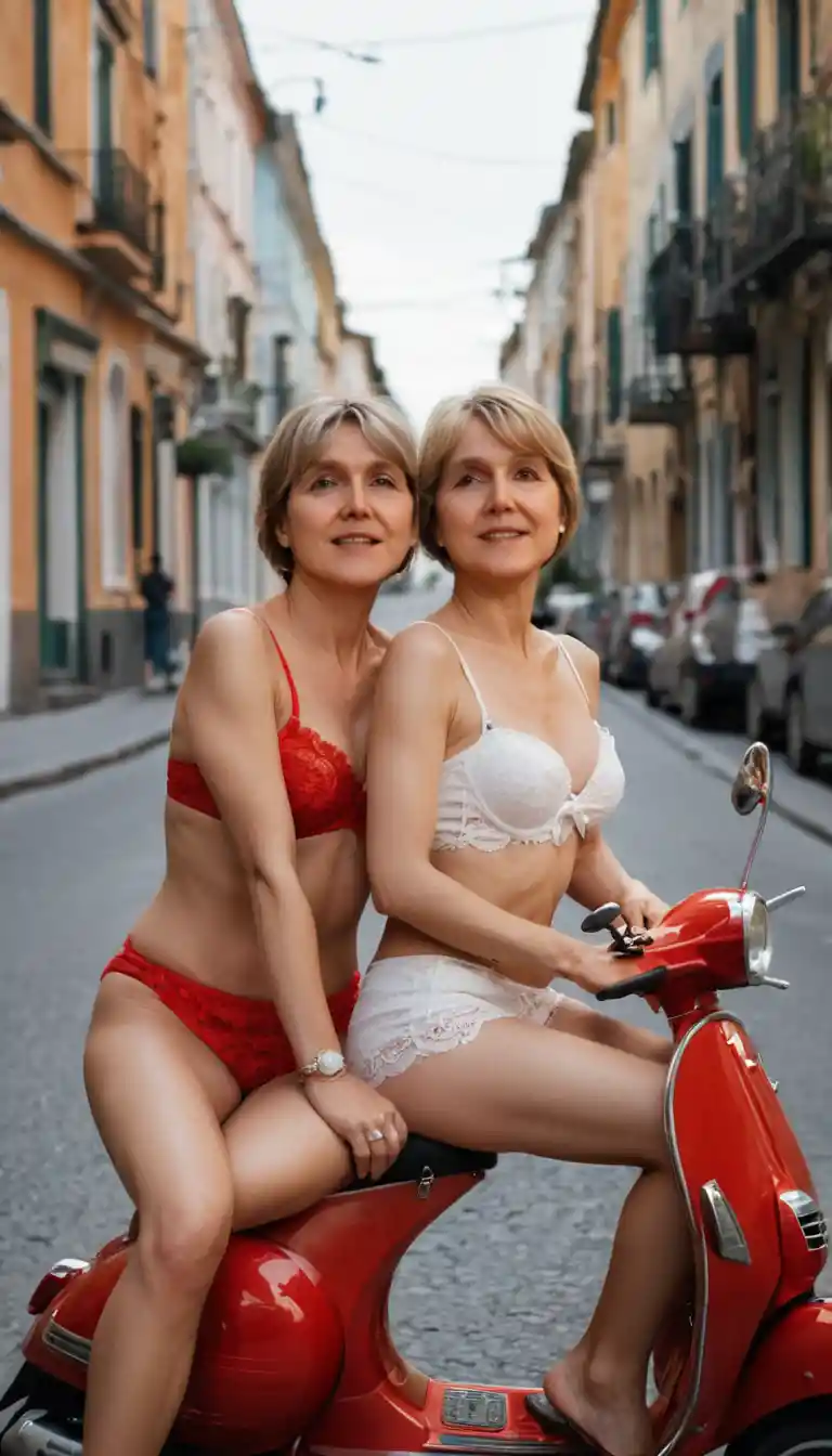 Two women kissing while sitting together on a red scooter