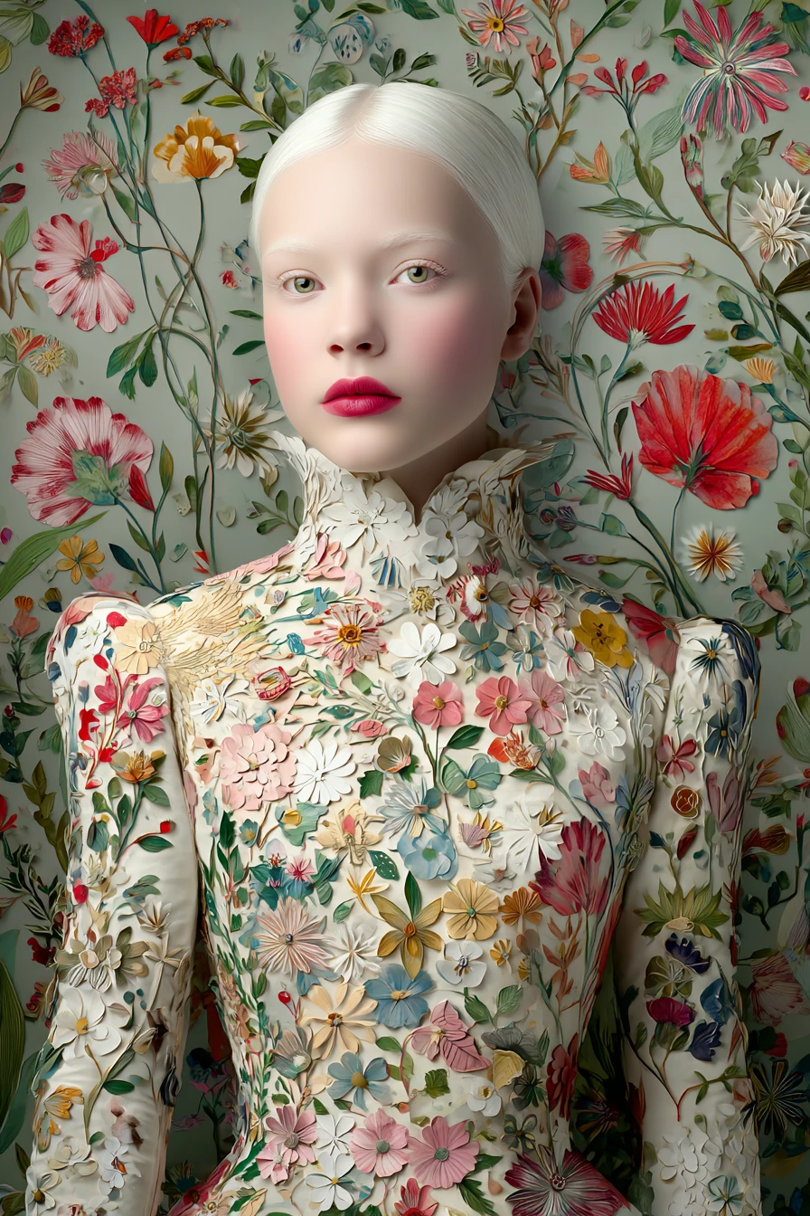 Surreal albino woman in floral paper dress with pastel makeup