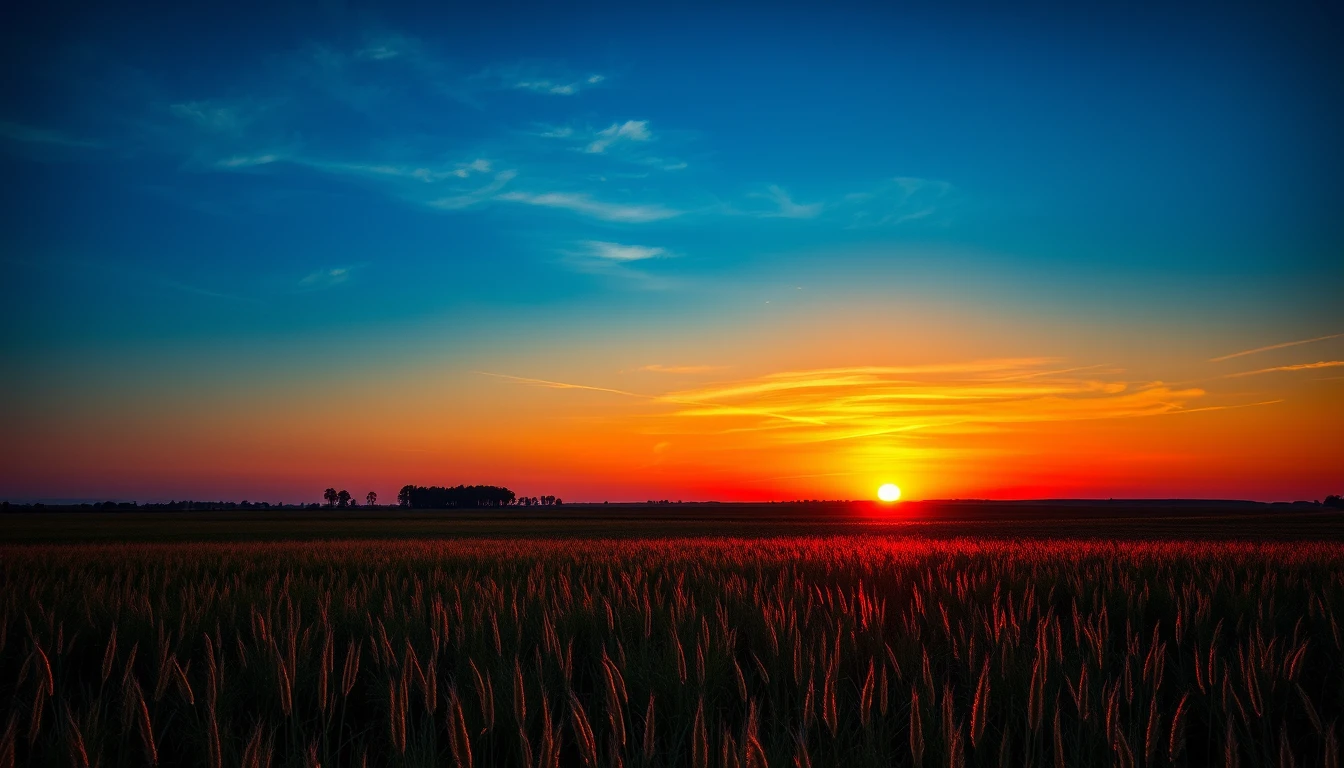 Sunset over misty savanna grassland with glowing horizon