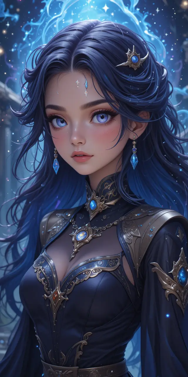 Anime sorceress with multicolored eyes and glowing magical aura