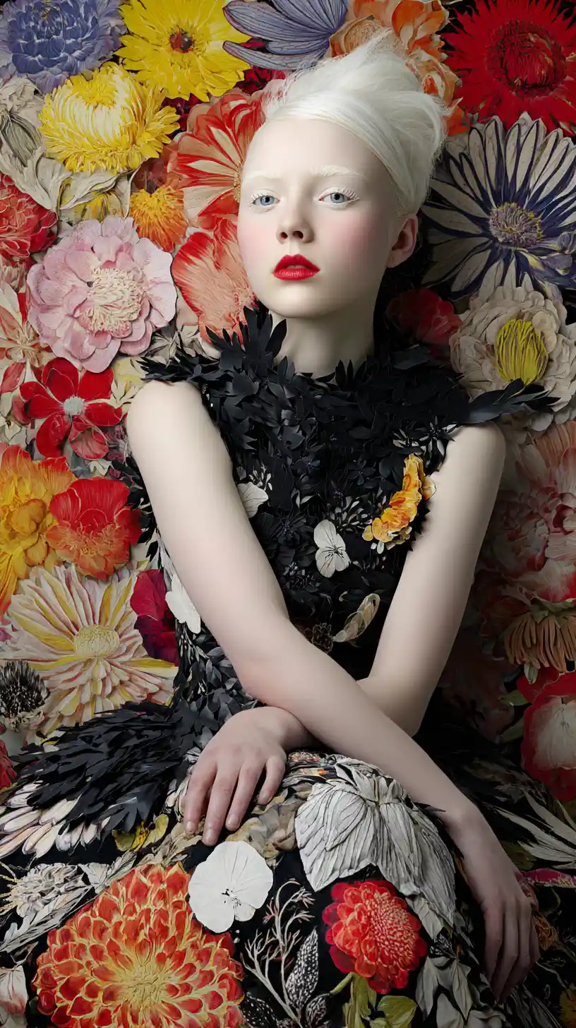 Albino woman in black floral dress in surreal flower garden