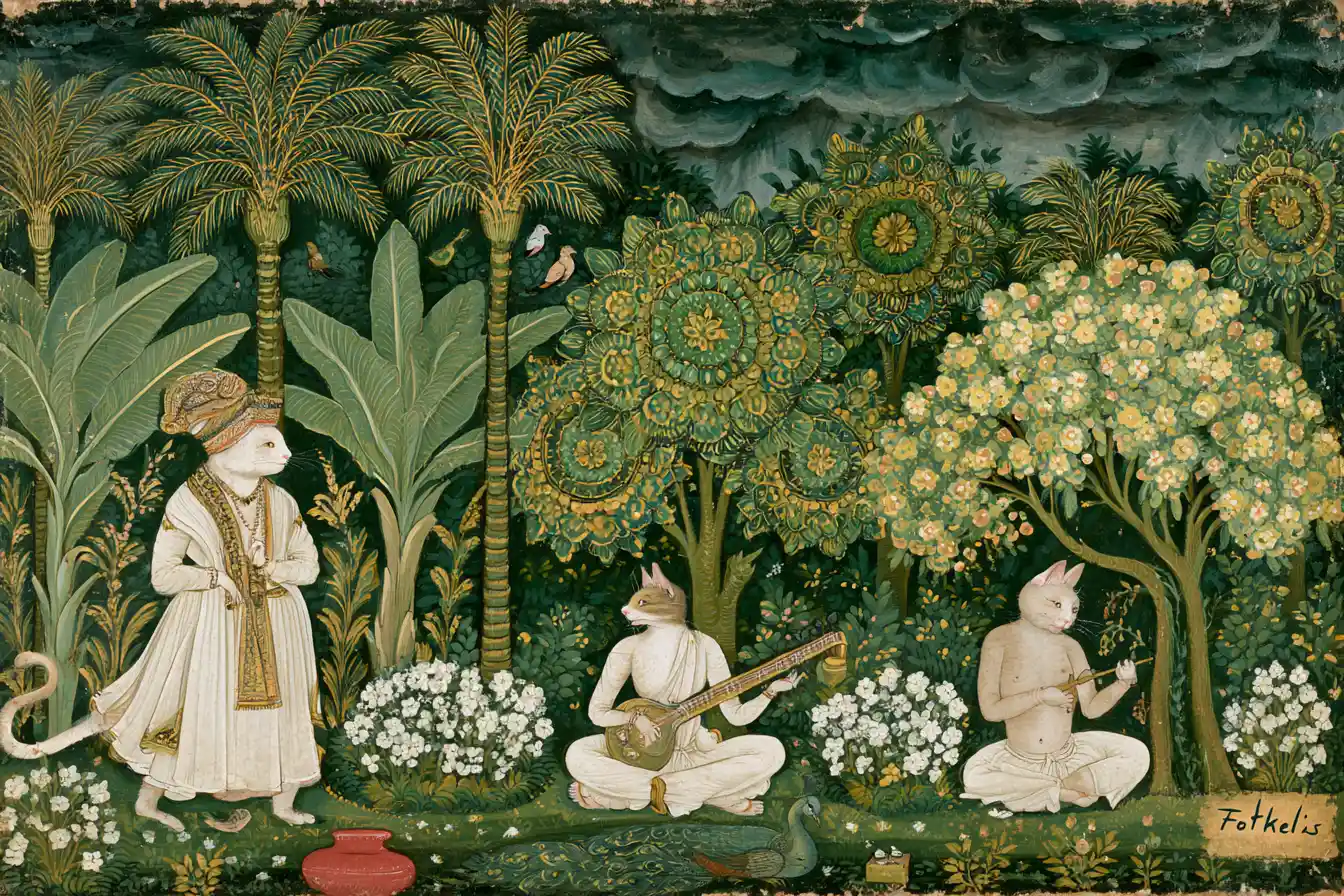 Regal cats playing music in a lush forest garden
