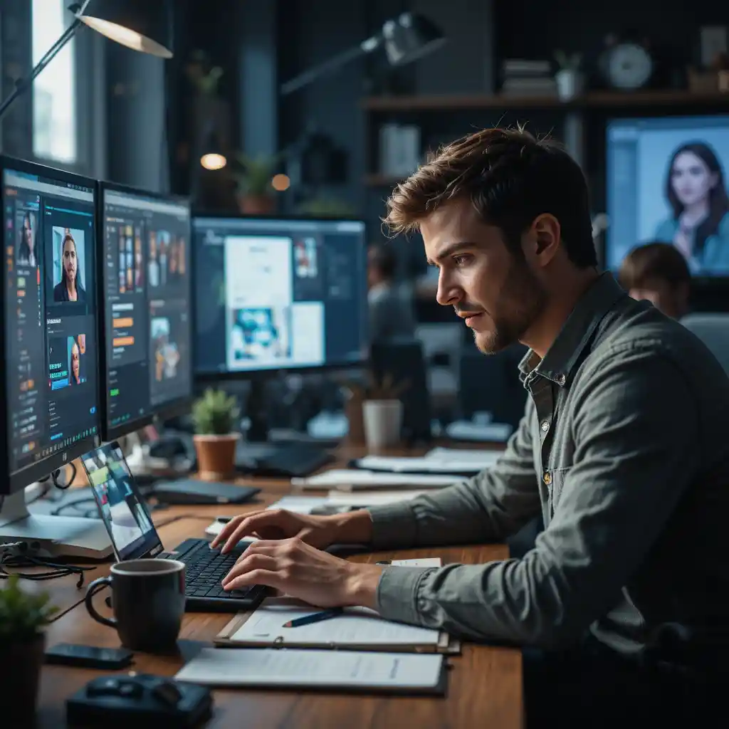 Tired video editor at messy desk in dim soft light