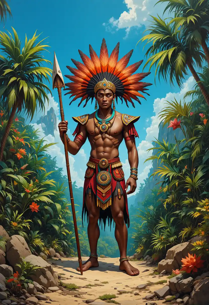 Mesoamerican inspired warrior with feathered headdress in jungle
