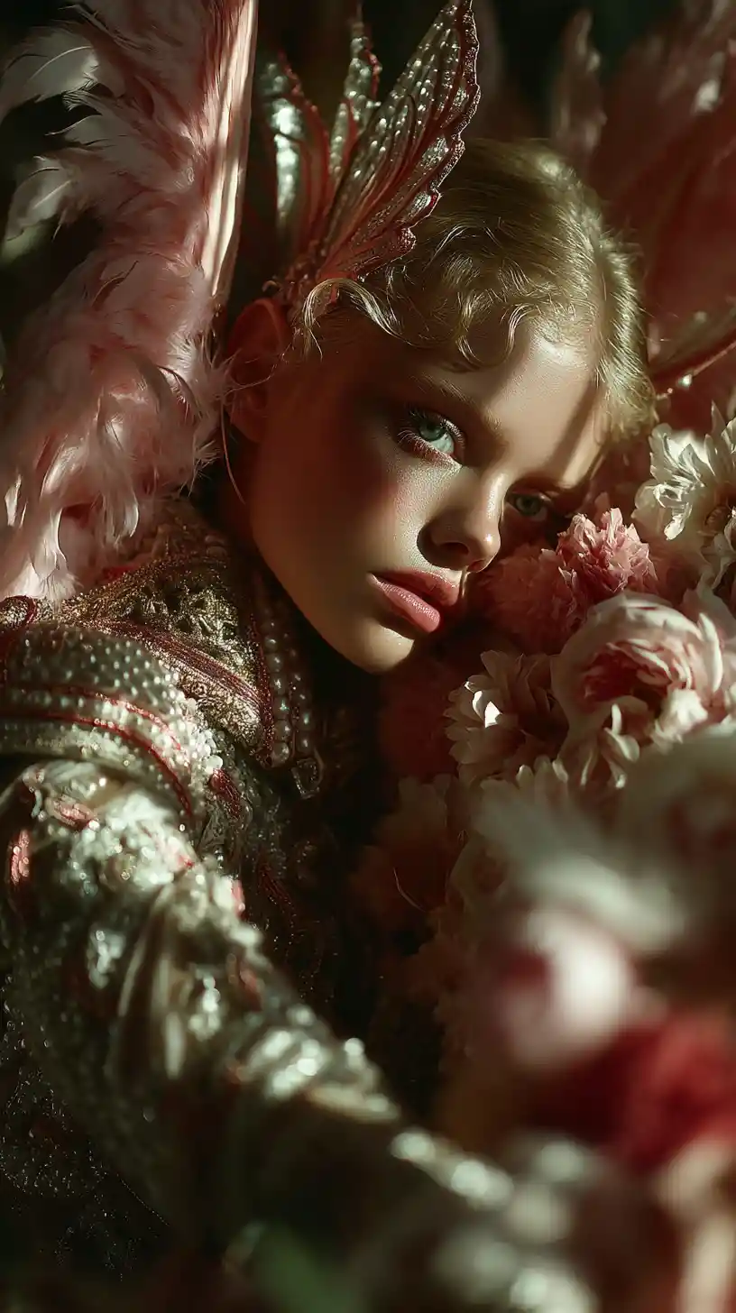 Surreal couture fairy woman with delicate wings in light