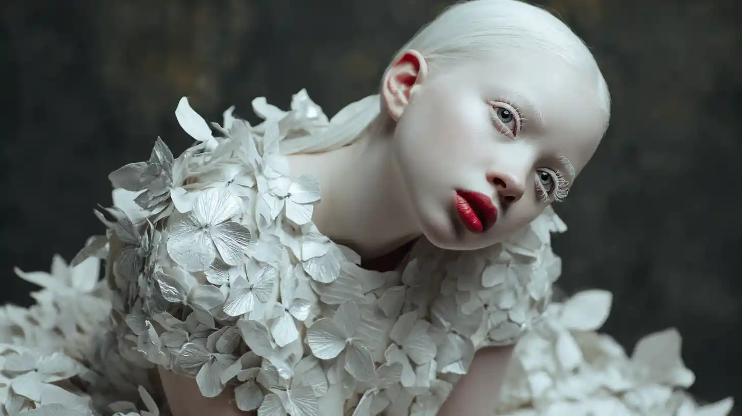 Albino woman in surreal white floral paper couture portrait