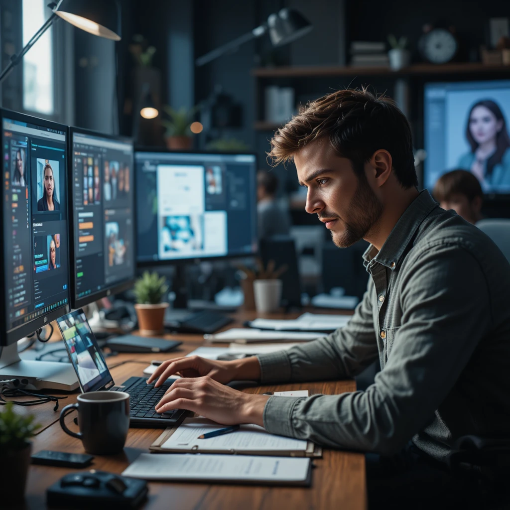 Tired video editor at messy desk in dim soft light