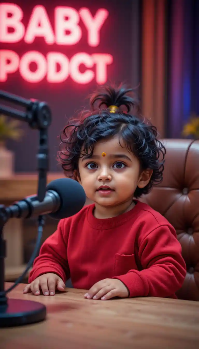 Cute Indian baby hosting a cozy podcast session
