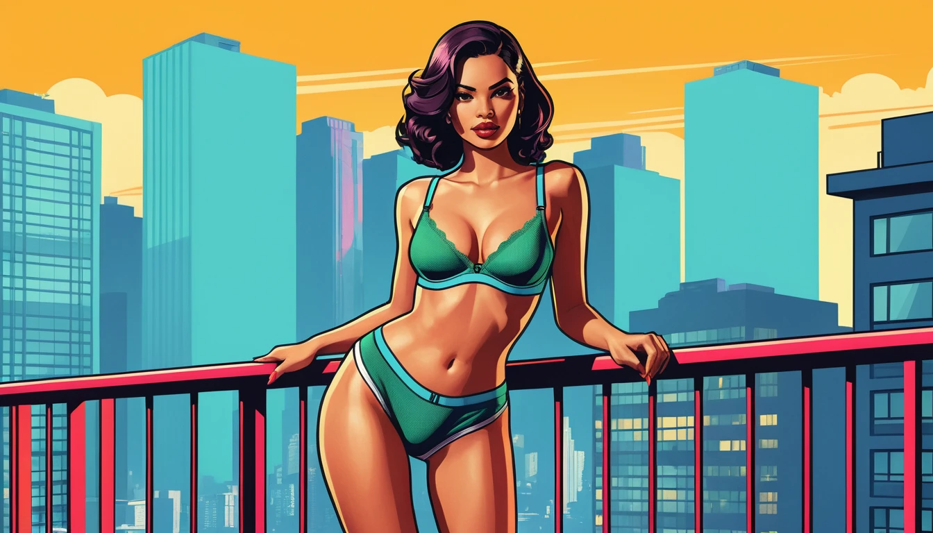 Confident young woman on an urban balcony in soft lingerie