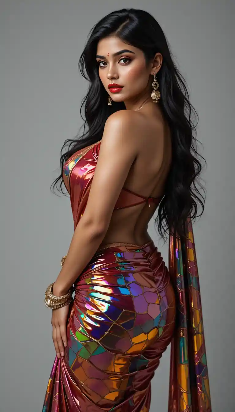 Tamil woman in glossy mirror saree bending in full view
