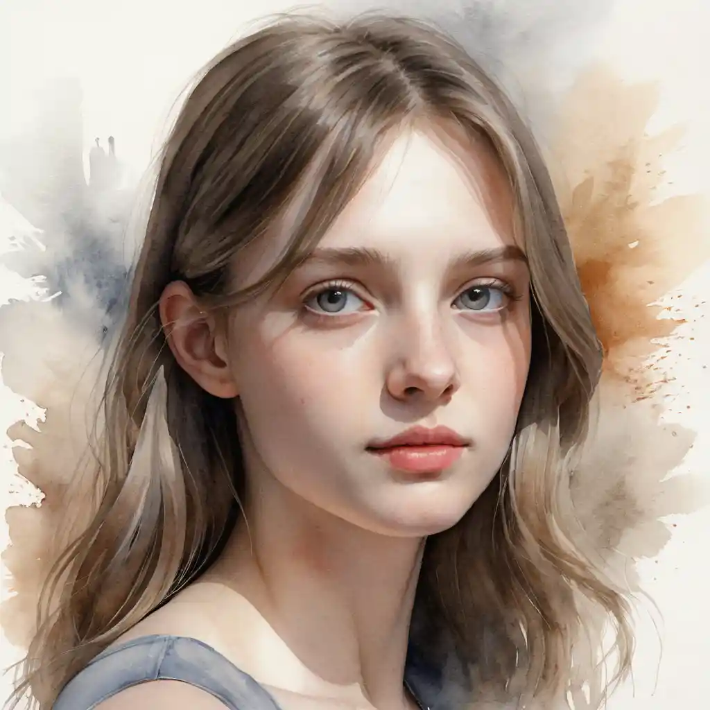 Dreamy watercolor portrait of a young girl with gray eyes