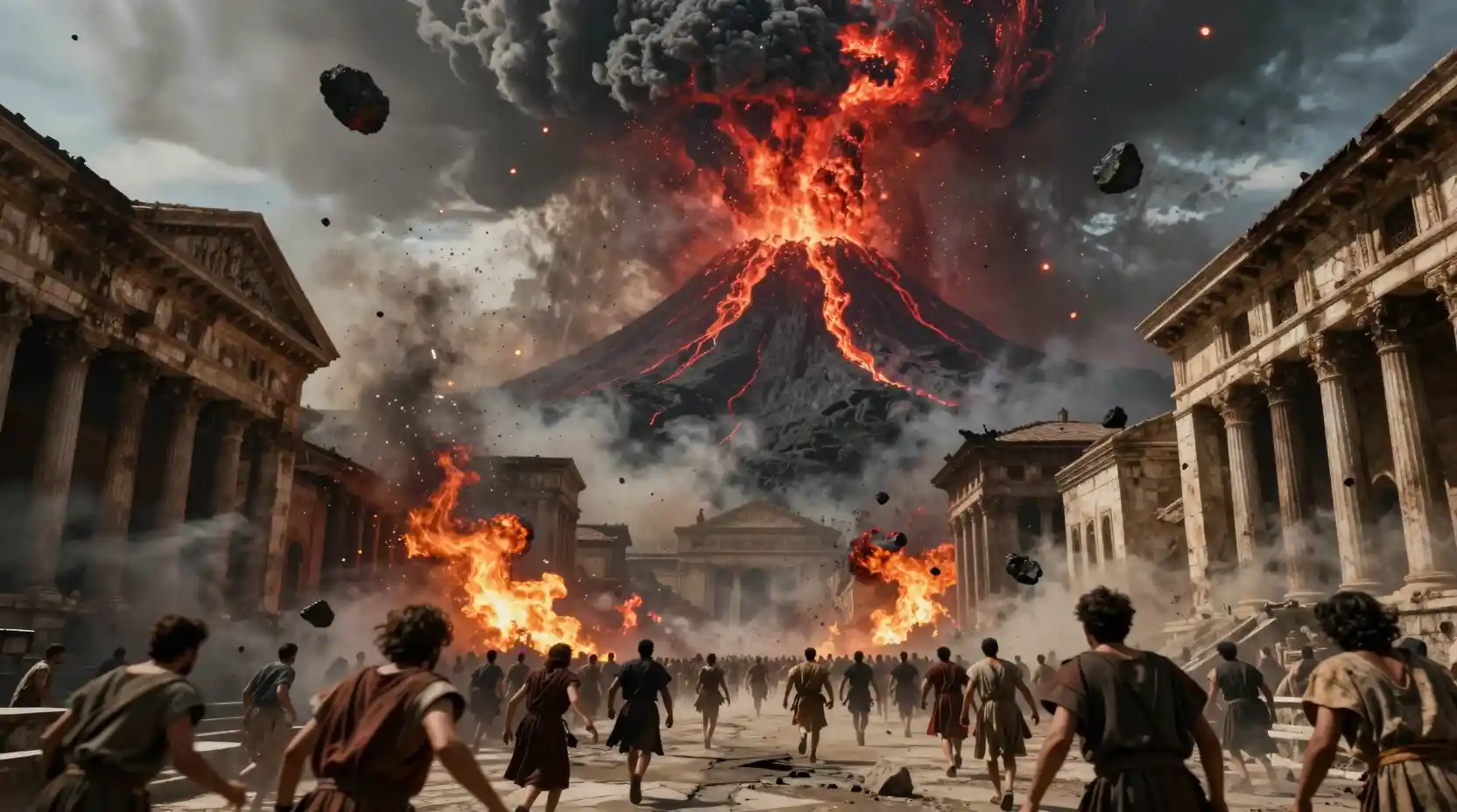 Apocalyptic volcano destroying an ancient Roman style city