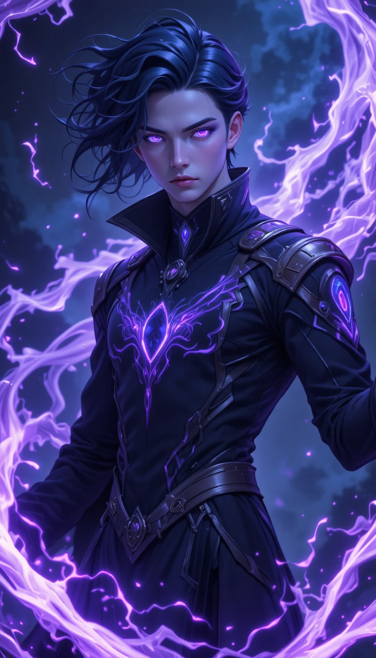Anime fantasy man with glowing violet energy portals
