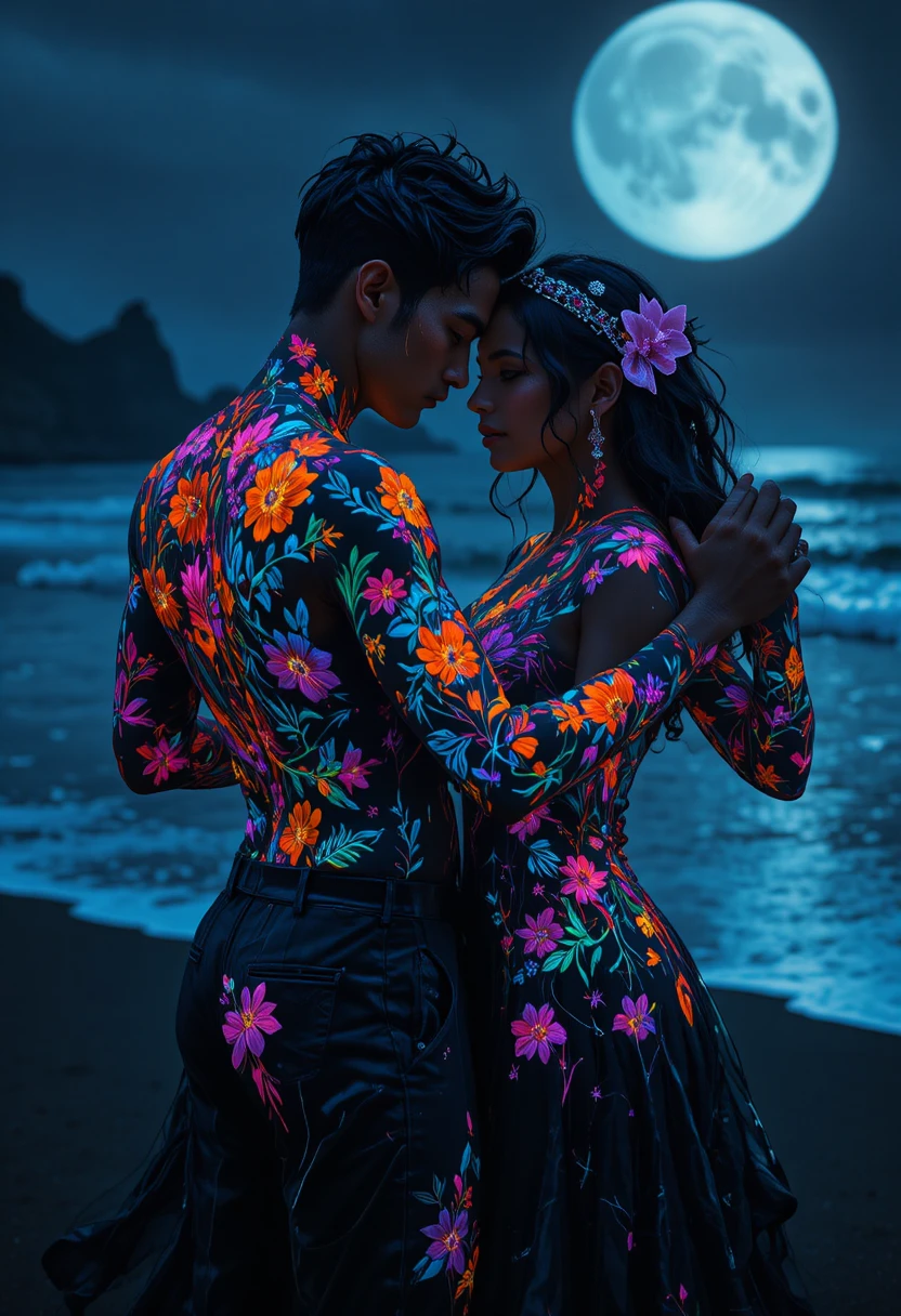 Latin couple dancing tango on a dark ocean beach