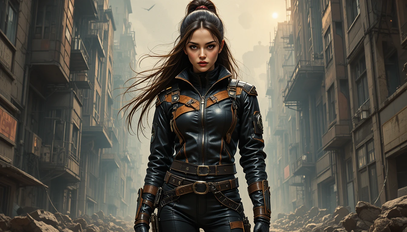 Young space warrior woman in a futuristic urban street