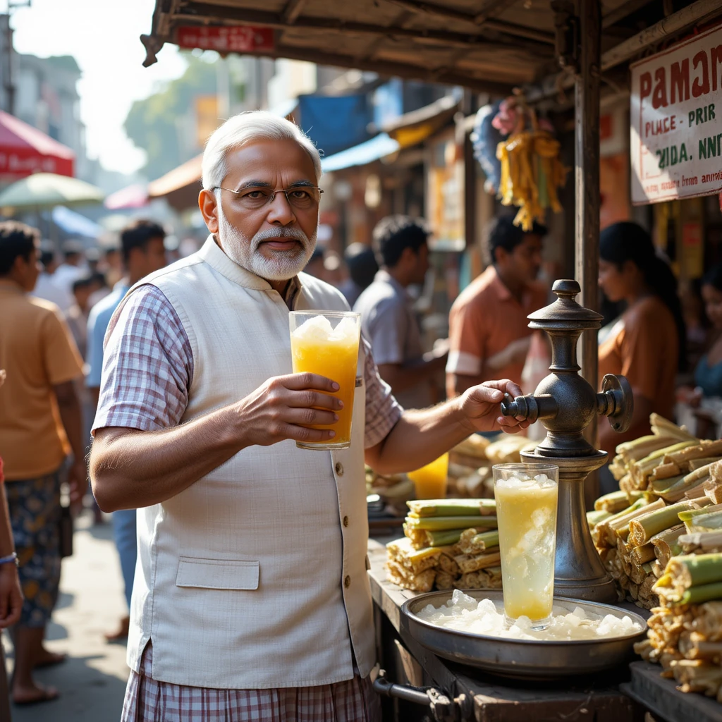 Homme servant du jus de canne à sucre dans un marché animé de Mumbai