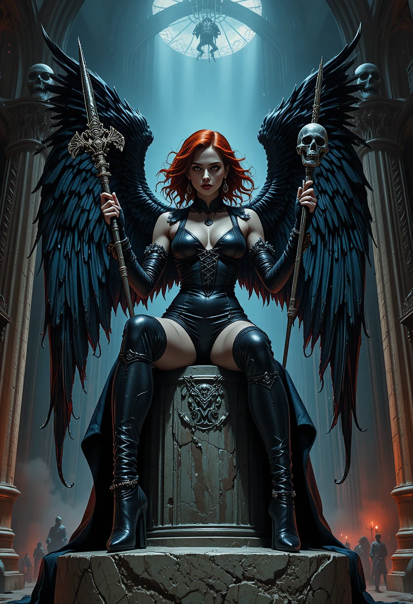 Fallen angel on stone throne with blade and scepter