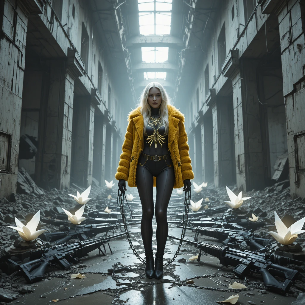 Cyberpunk woman in ruined underground transit terminal