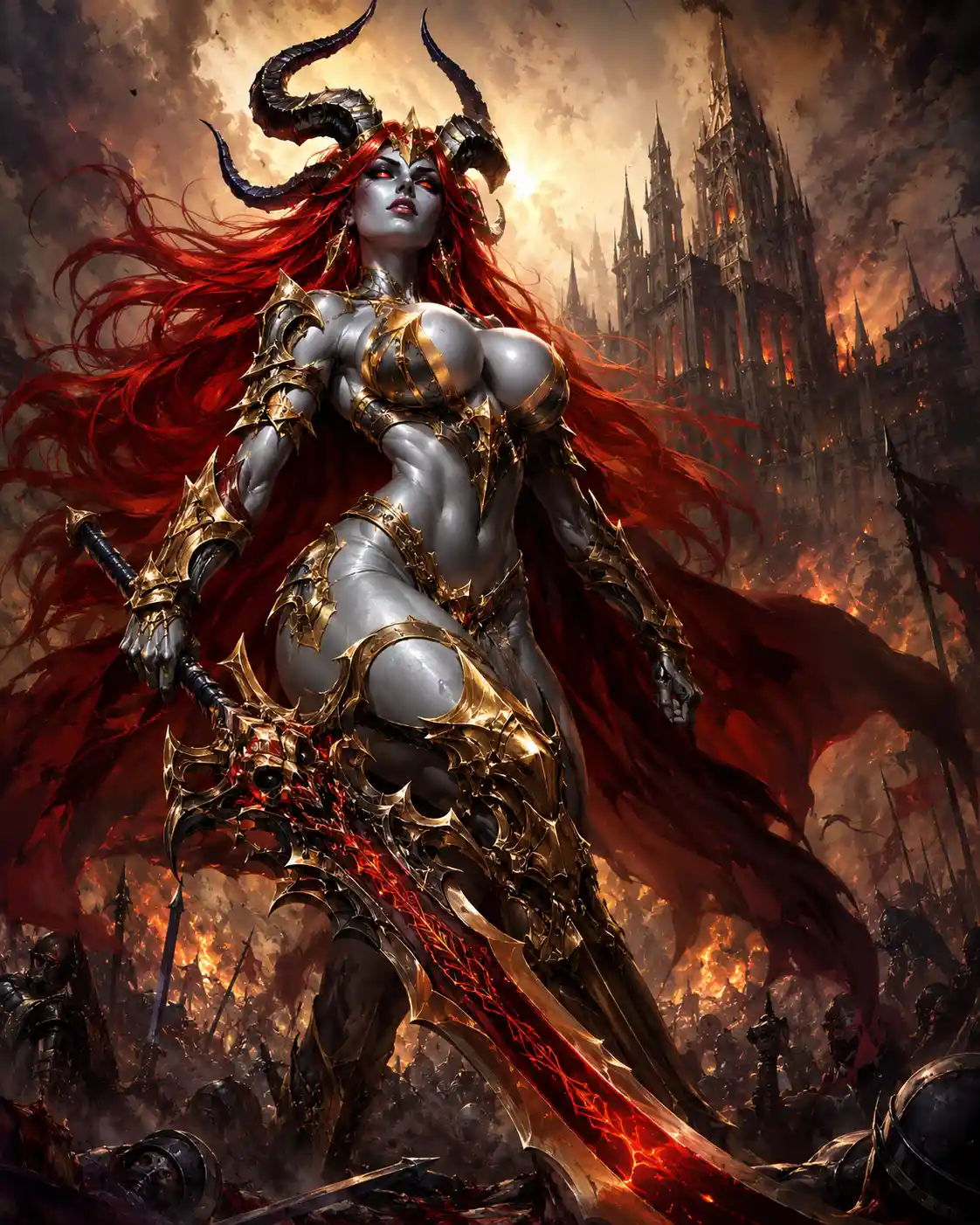 Demonic warrior woman with hell sword in fiery battle