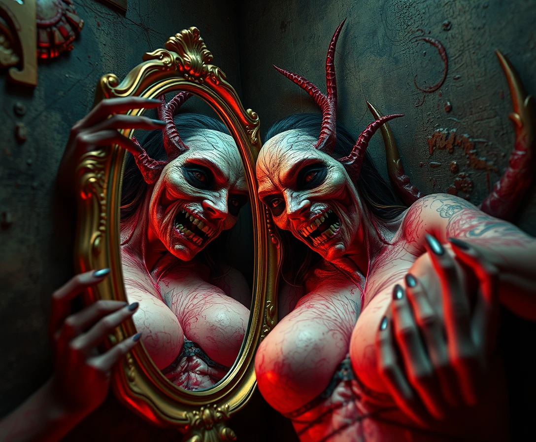 Surreal mirrored exorcism figure in comic horror style
