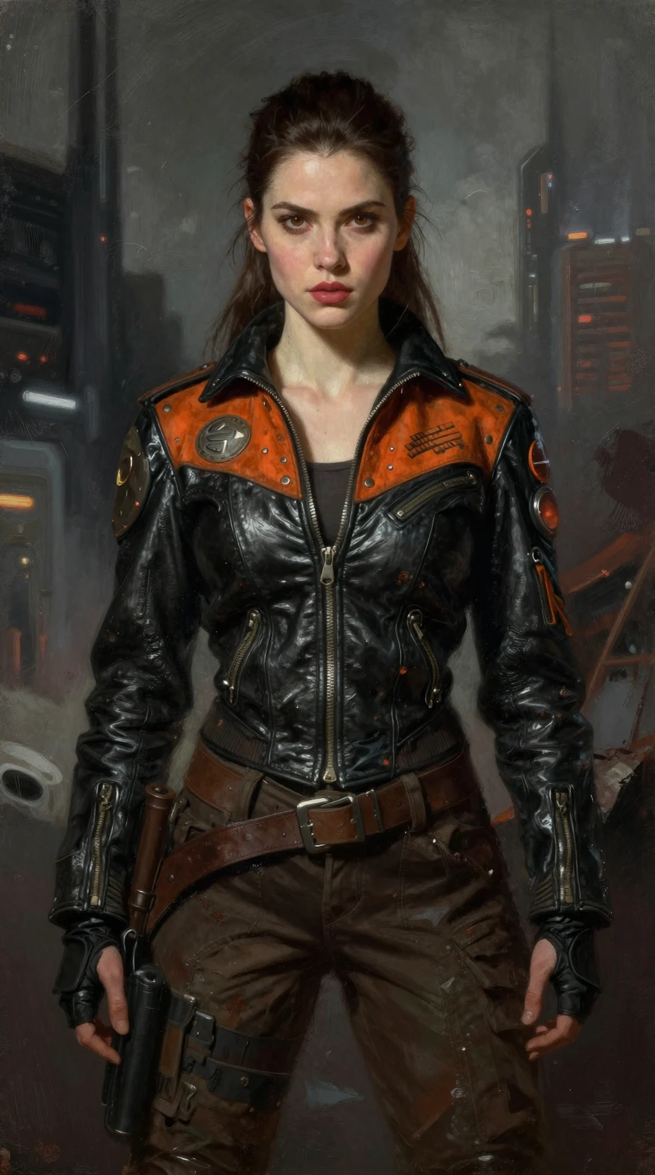 Young space warrior woman in a gritty futuristic city