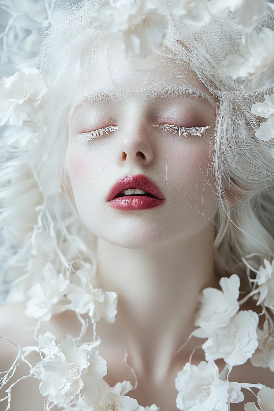 Albino woman in floral paper dress with surreal elegance