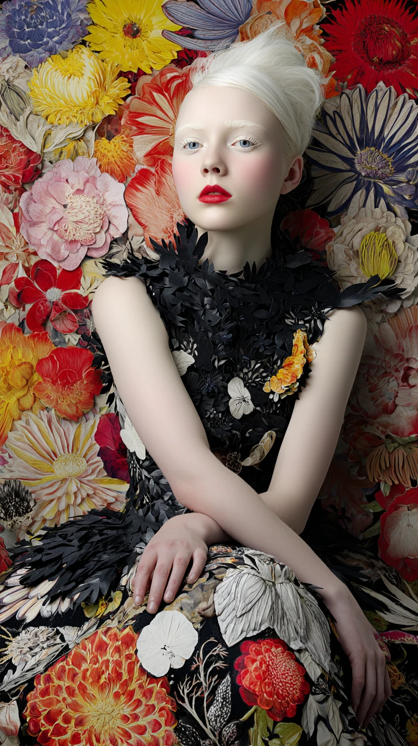 Albino woman in black floral dress in surreal flower garden