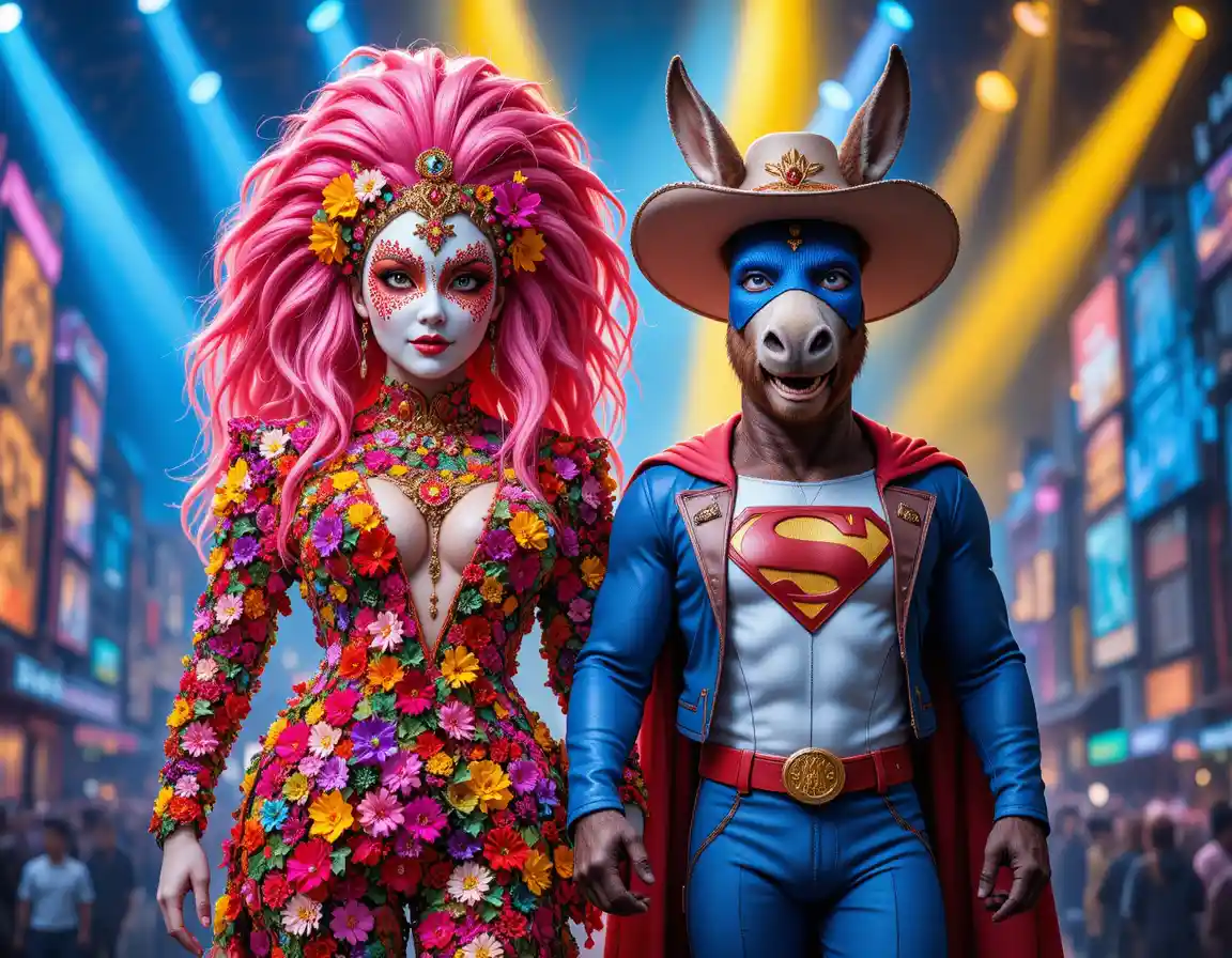 Floral mascot and donkey superhero holding hands on stage