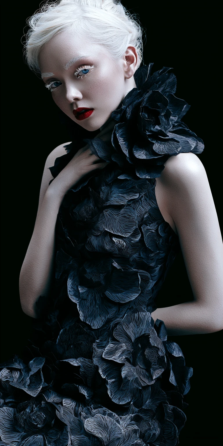 Albino woman in black floral dress in surreal fashion portrait