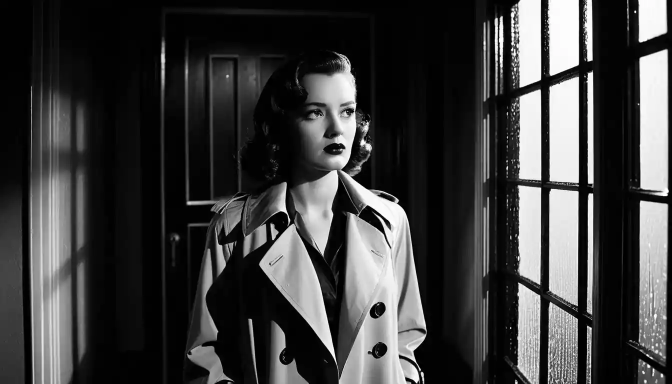 Woman in trench coat by rain streaked apartment window