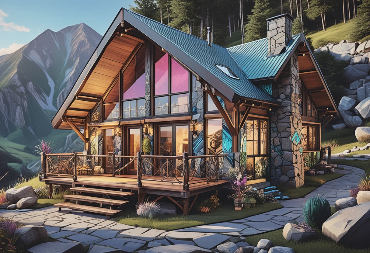 Luxury rustic mountain cabin in isometric blue night scene