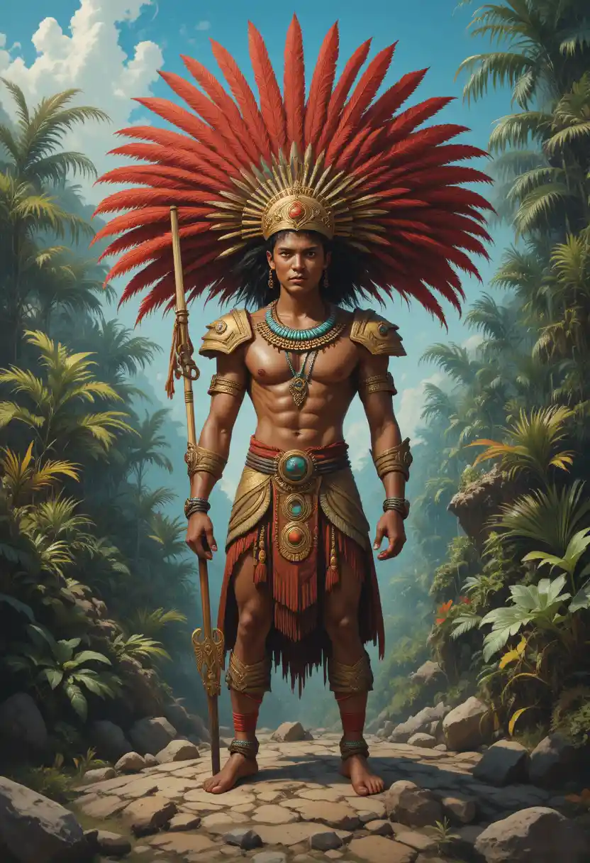 Mesoamerican warrior woman with feathered headdress in jungle