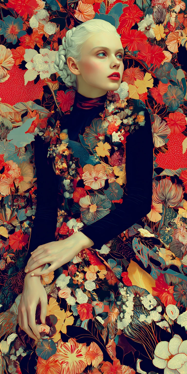 Albino woman in black floral dress with surreal fashion pose
