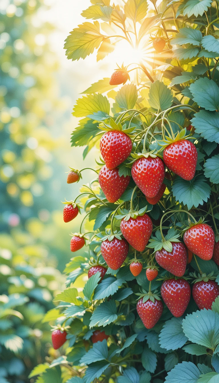 Close up watercolor strawberries glowing in warm garden sunlight