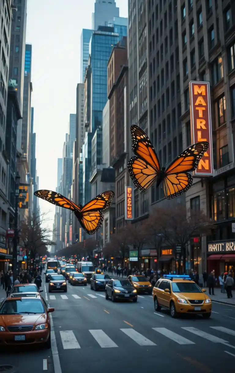 Two monarch butterflies over a crowded Manhattan city street
